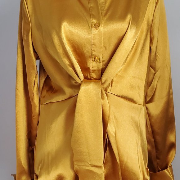 Glamourous Gold Satin Short Shirt Dress Front Tie Ruched Skirt Long Sleeve Luxe - Picture 7 of 10